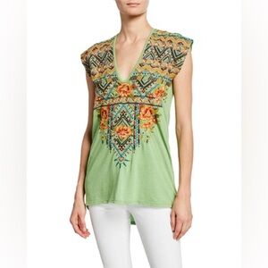 Johnny Was Sentrie Floral Embroidered Scoop V-neck Green Apple Women's Top Large